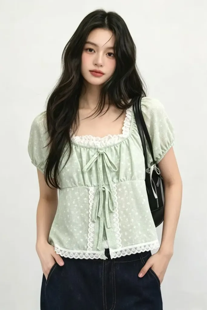 Light Green Ditsy Lace Top - Image 1