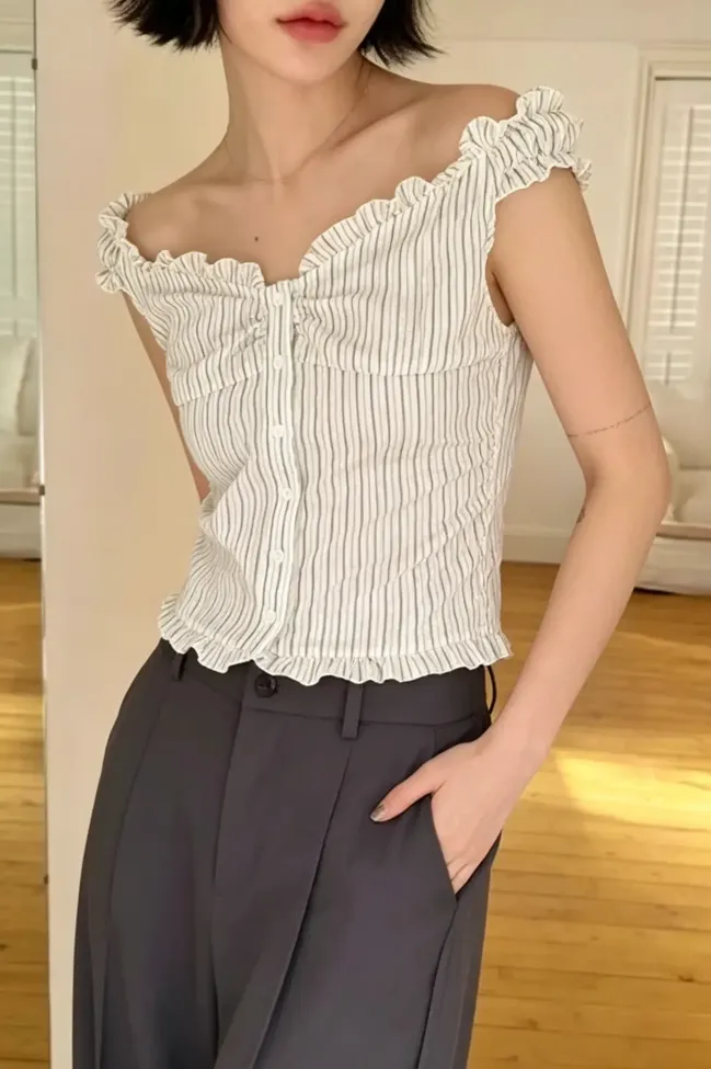 White Striped Ruffle Top - NEWME