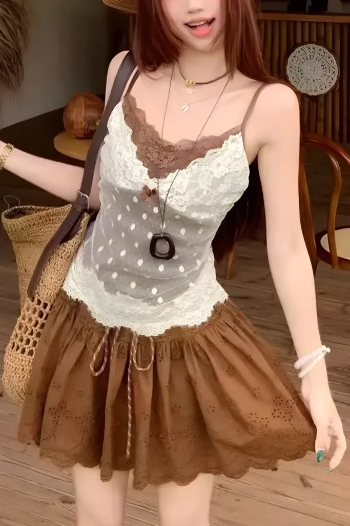 Brown Lace Overlay Top - Image 1