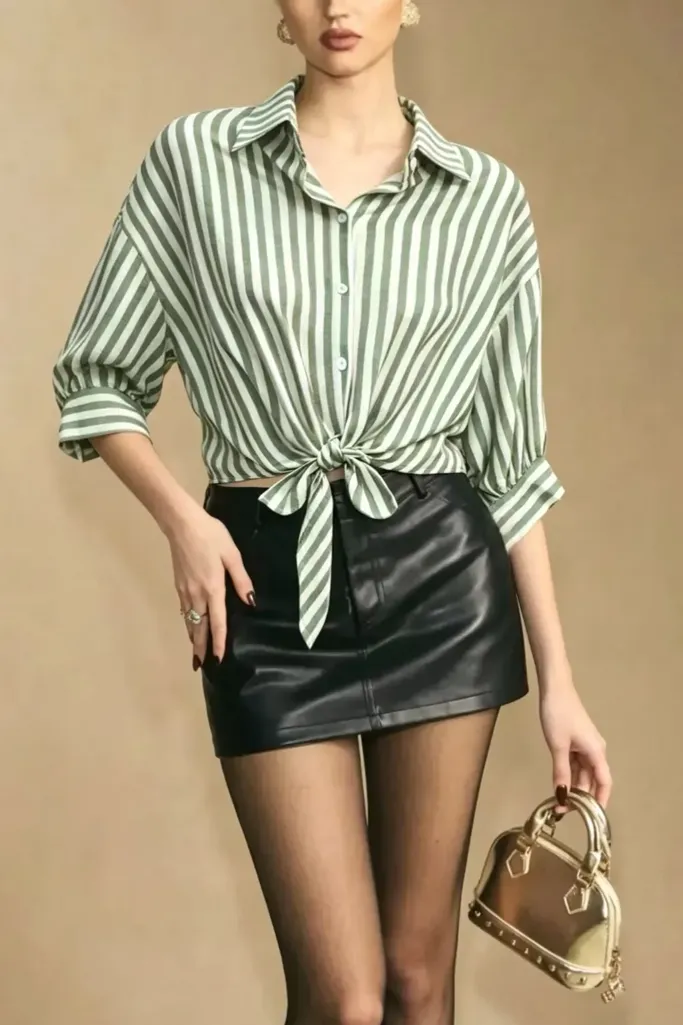 Green Collared Neck Striped Shirt - Image 1