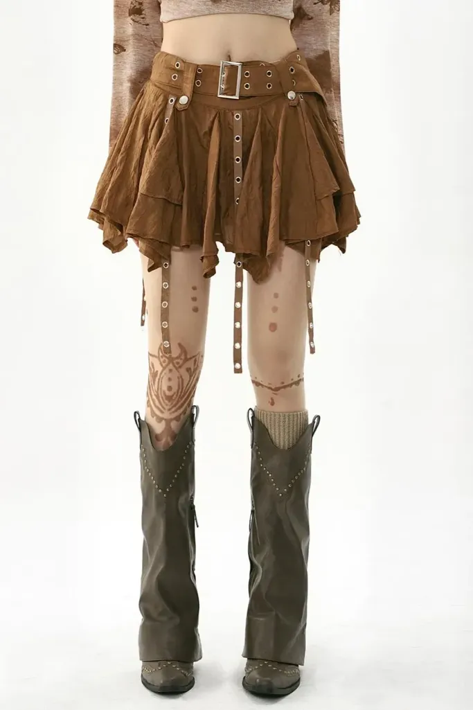 Brown Belted Mini Skater Skirt - Image 1