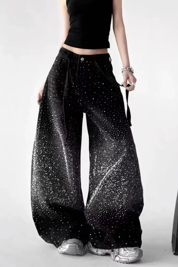 Black Rhinestone Studded Mid-Rise Jeans - Image 1