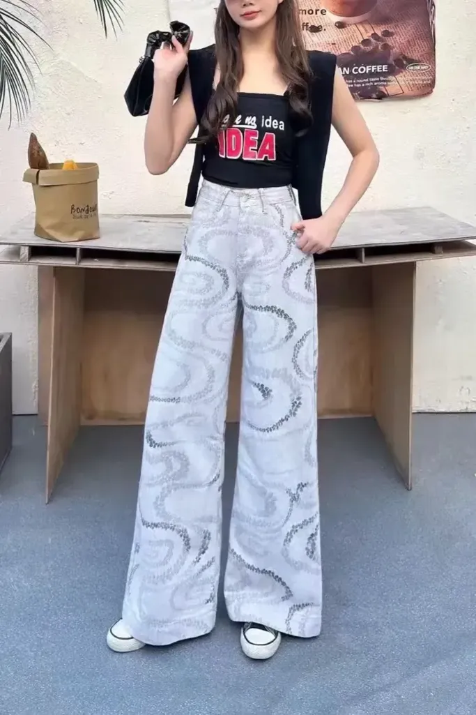 Light Grey Abstract High-Rise Jeans - Image 1