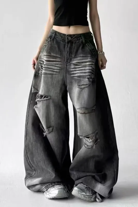 Black Ripped Oversized Mid-Rise Jeans - NEWME