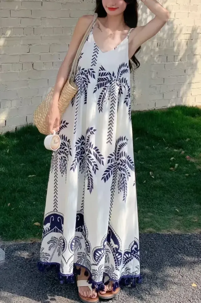 Dark Blue Tropical Maxi Dress - Image 1