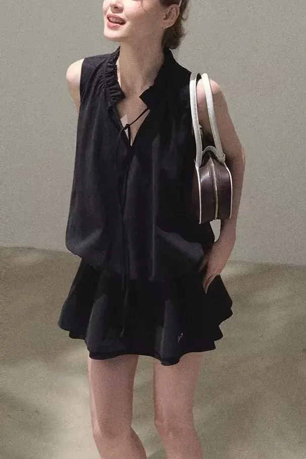 Black Solid High Neck Mini Dress