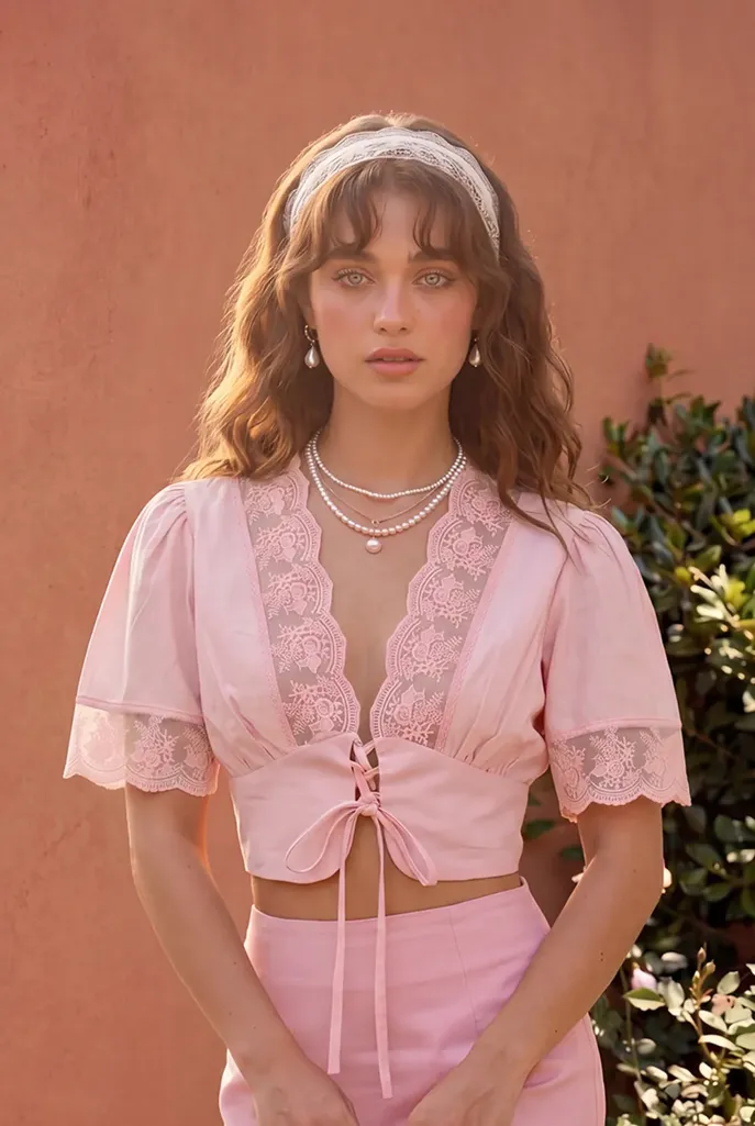 Pink Solid Lace V-Neck Top - Image 1