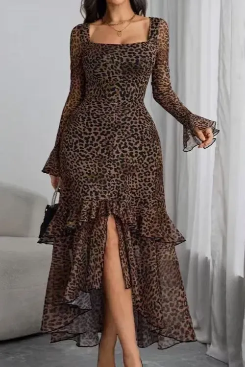 Brown Leopard Print Slit Maxi Dress - Image 1