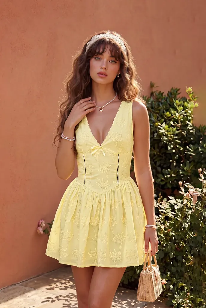 Light Yellow Embroidered V-Neck Mini Dress - Image 1