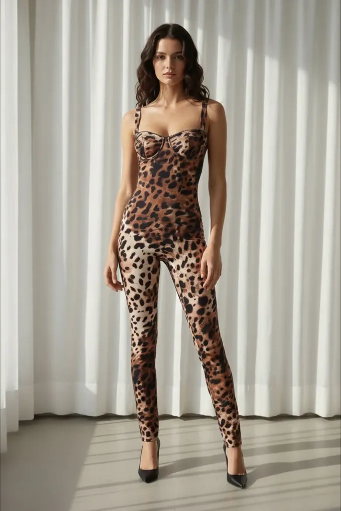 Leopard Print Sweetheart Neck Jumpsuit - Image 1