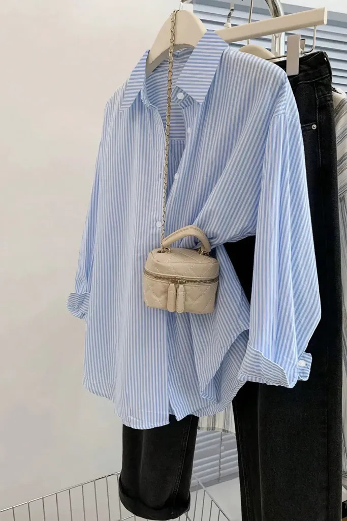 Light Blue Striped Oversized Shirt - Image 1
