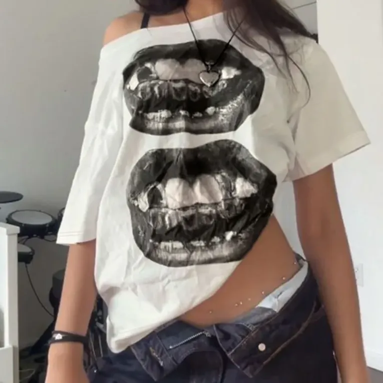 White One-Shoulder Graphic T-Shirt - Image 1