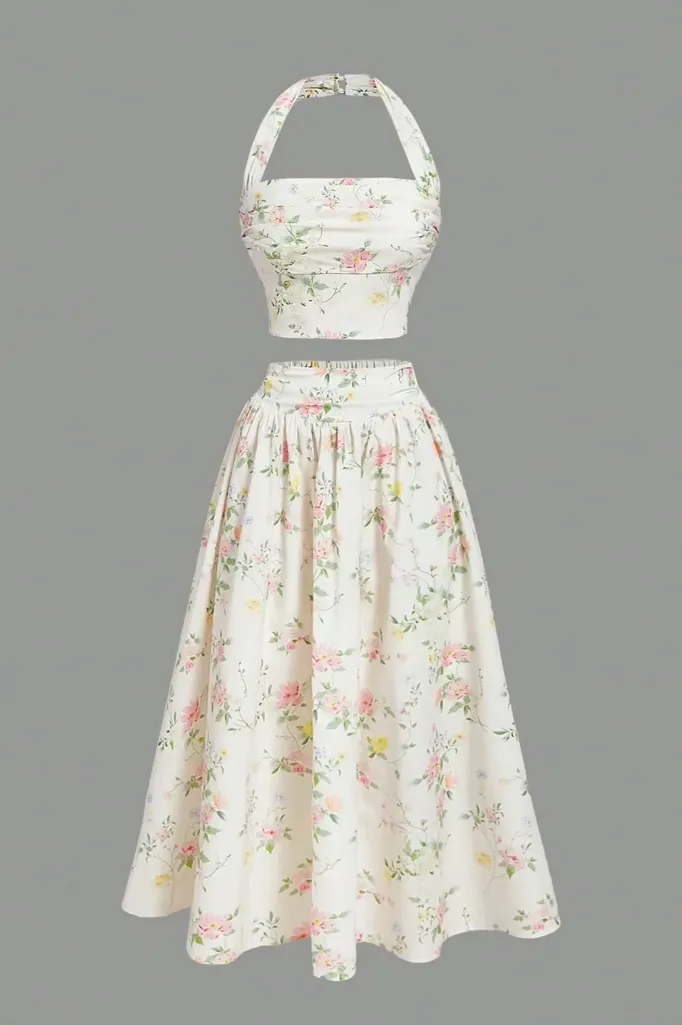 White Floral Halter Co-Ord Set - Image 1