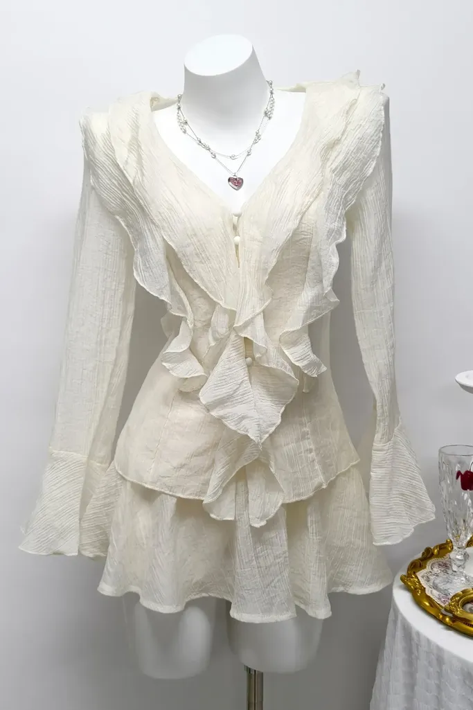 Off White Ruffled V-Neck Co-Ord Set - Image 1