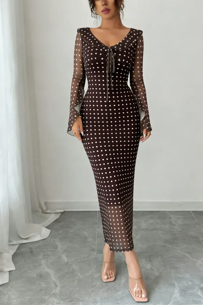 Dark Brown Polka Dot Mermaid Midi Dress - Image 1