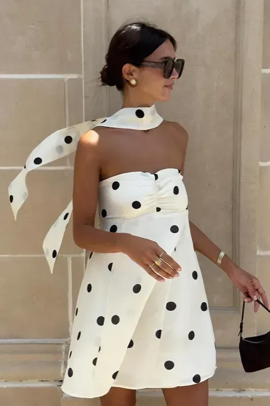 White Polka Dot Mini Dress With Scarf - NEWME