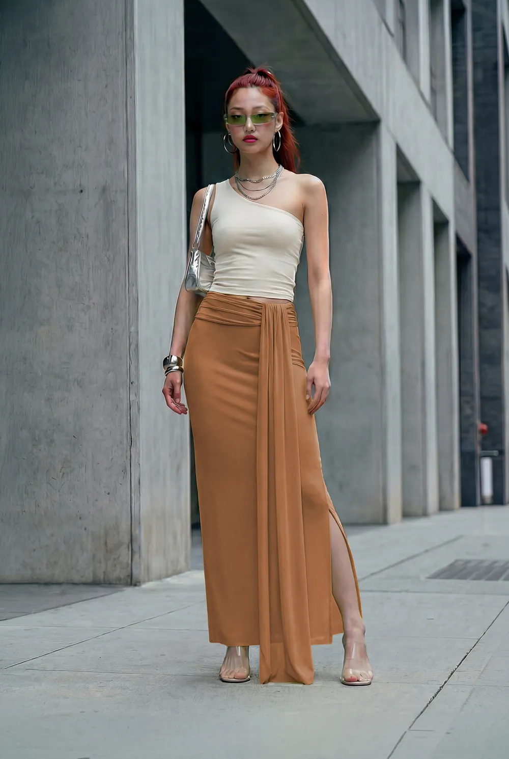 Brown Solid Draped Maxi Skirt