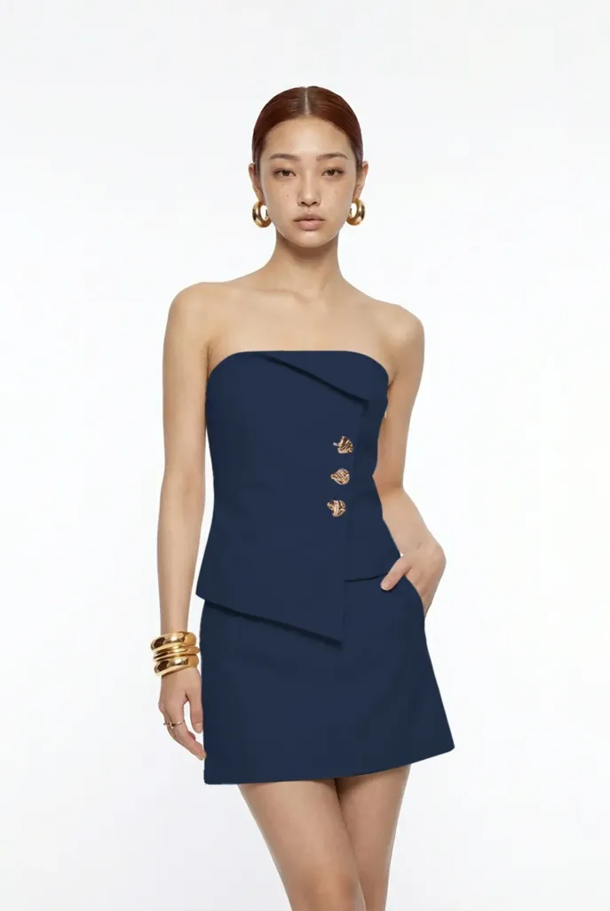 Navy Blue Solid Tube Neck Co-Ord Set - Image 1