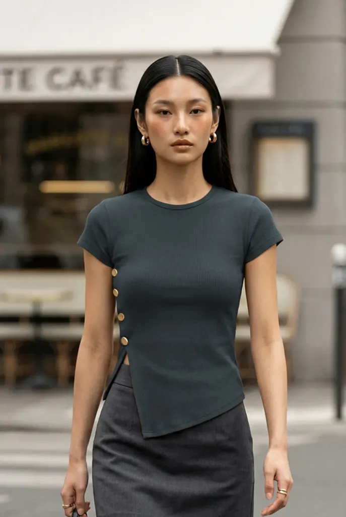 Grey Solid Buttoned Slit Top - Image 1