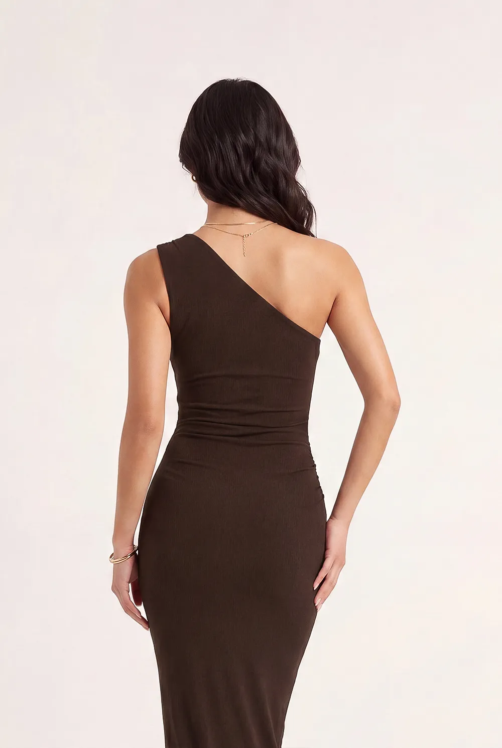 Brown One Shoulder Ruched Dress