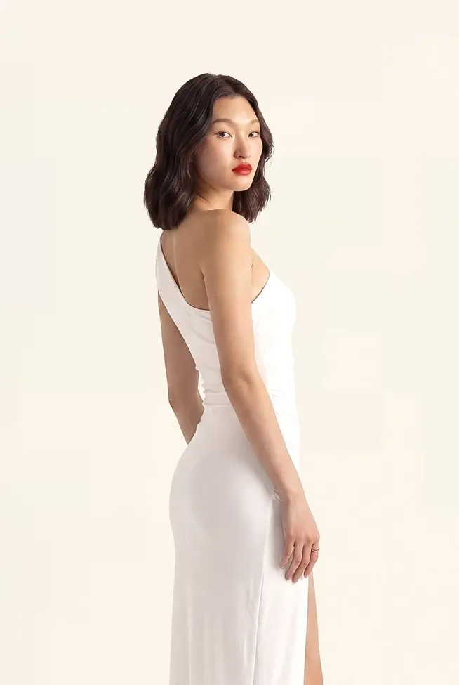 White Solid Slit Bodycon Midi Dress - NEWME
