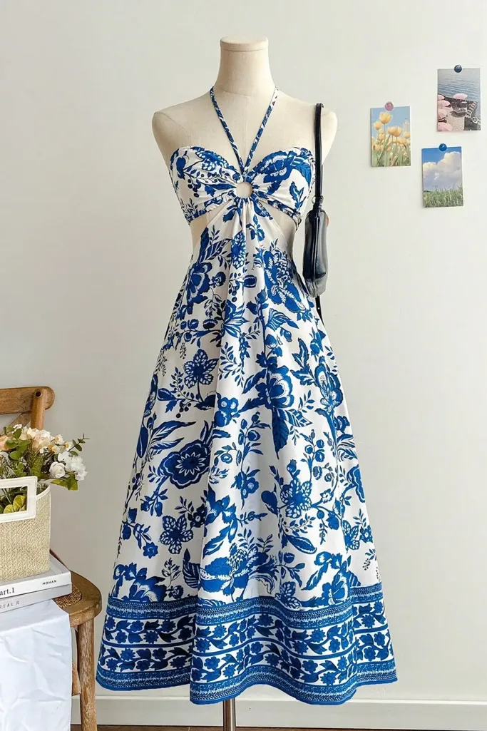 Blue Halter Neck Floral Maxi Dress - Image 1