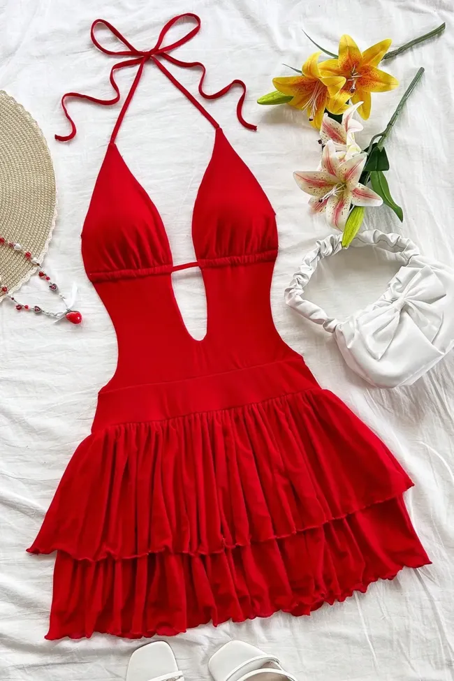 Red Halter Neck Ruffle Mini Dress - NEWME