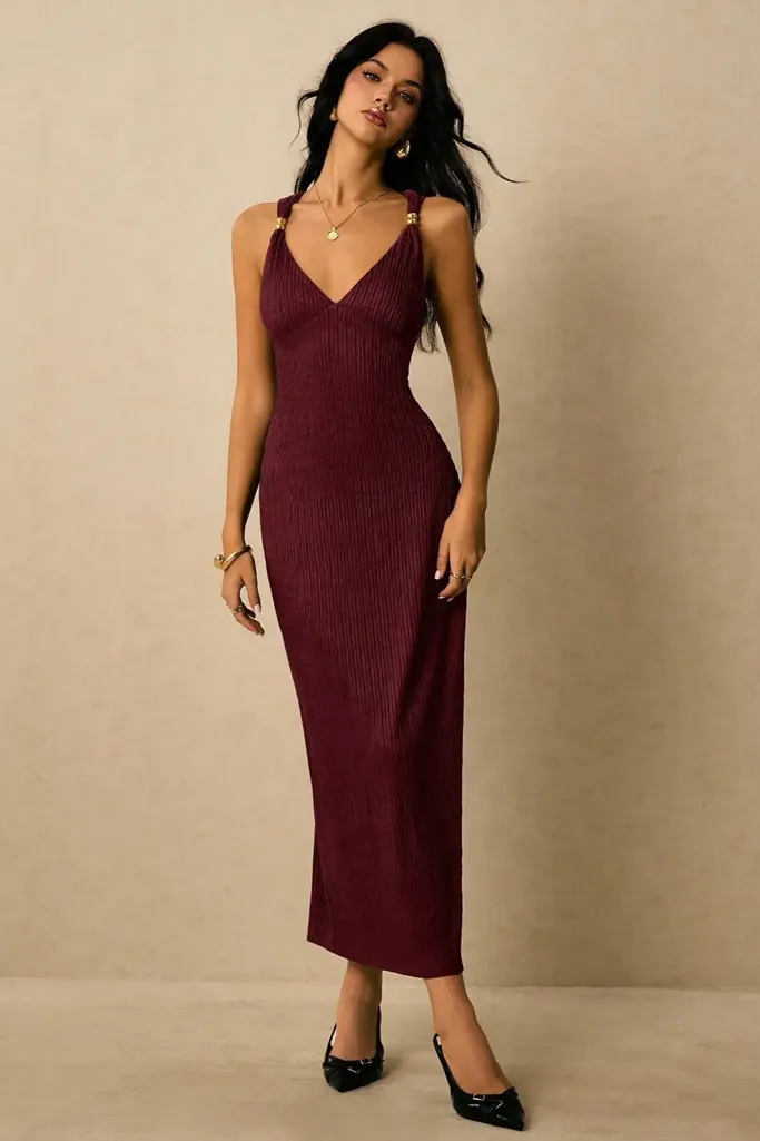 Maroon V-Neck Bodycon Maxi Dress - Image 1