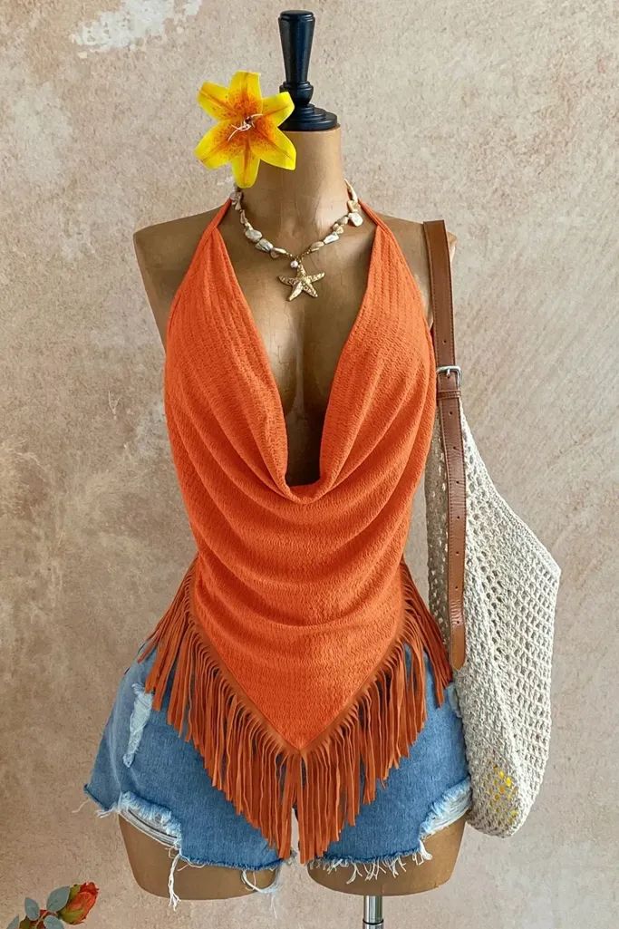 Orange Fringe Halter Neck Top - Image 1