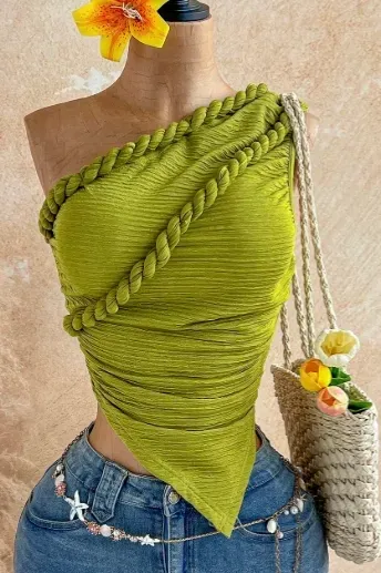 Light Green Ruched One-Shoulder Top