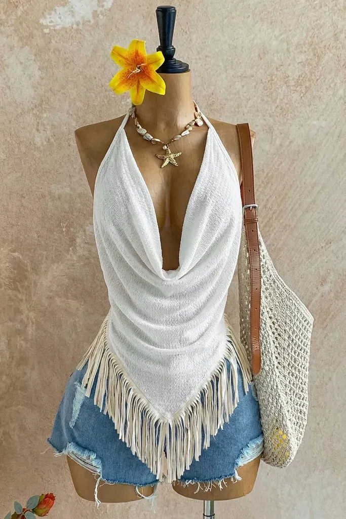 White Fringe Halter Neck Top - Image 1