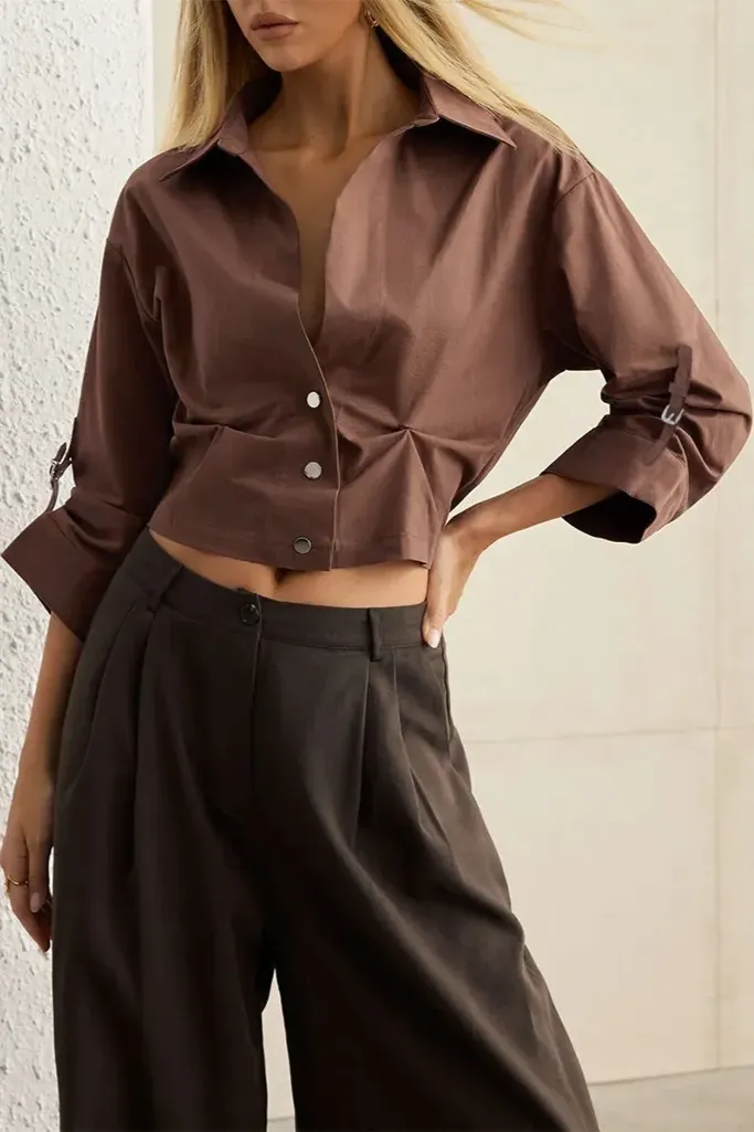 Light Brown Collared Crop Shirt - Image 1