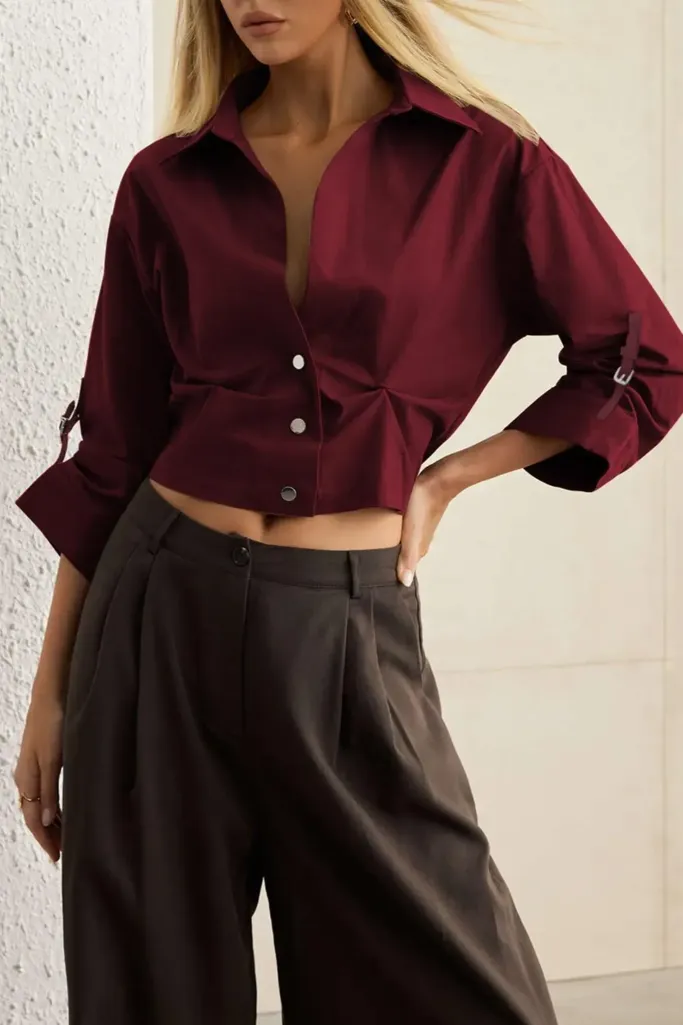 Maroon Solid Collared Crop Shirt - Image 1