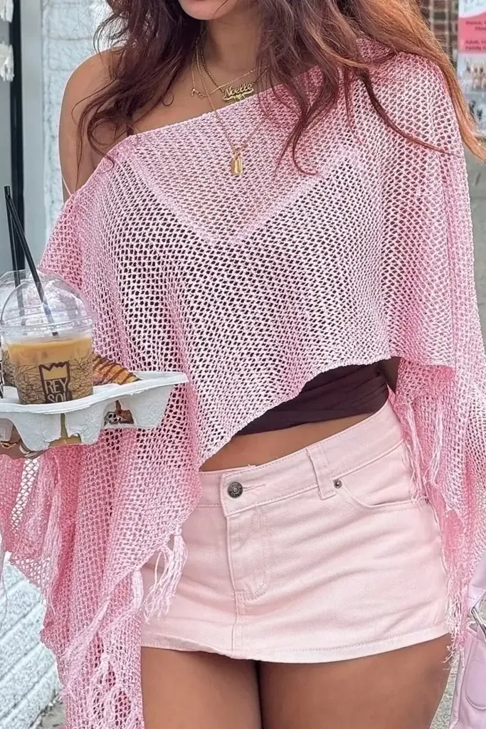 Light Pink Solid Crochet Cover Up Top - Image 1