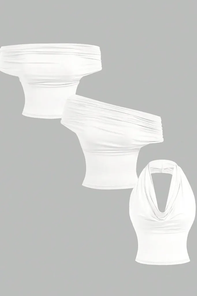 White Draped Off-Shoulder Crop Top - Image 1