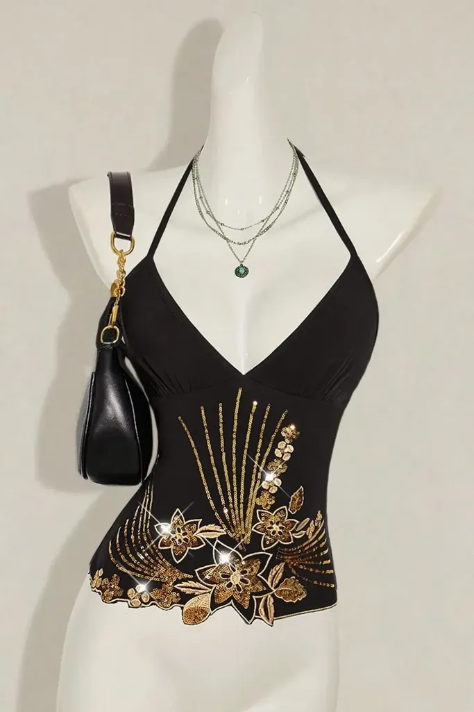 Black Embellished Halter Neck Top - Image 1