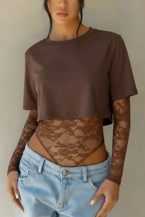 Brown Lace Round Neck Bodysuit - Image 1