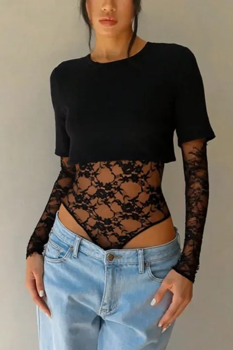 Black Lace Round Neck Bodysuit - Image 1