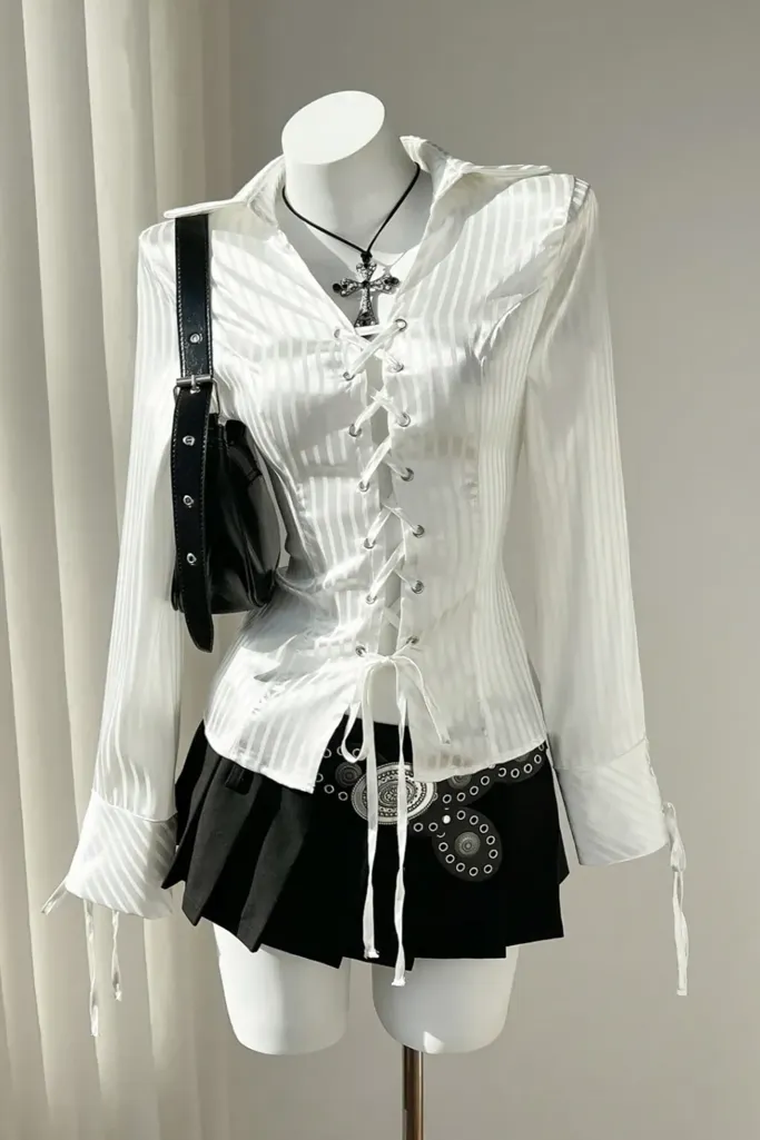 White Striped Tie-Up Shirt - Image 1