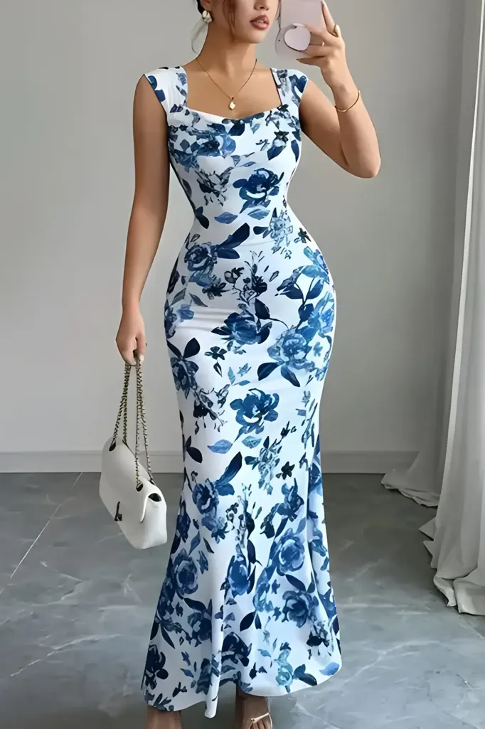 Blue Floral Mermaid Maxi Dress - Image 1