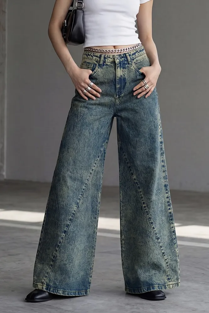 Dark Blue Wide Leg Mid Rise Jeans - Image 1