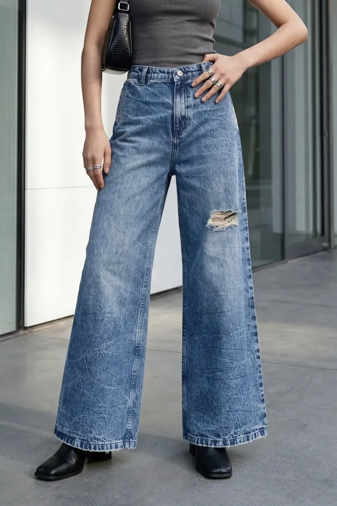 Dark Blue Mid Rise Ripped Jeans - Image 1