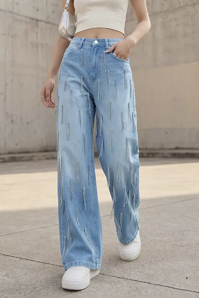 Light Blue Embellished High-Rise Jeans - Image 1