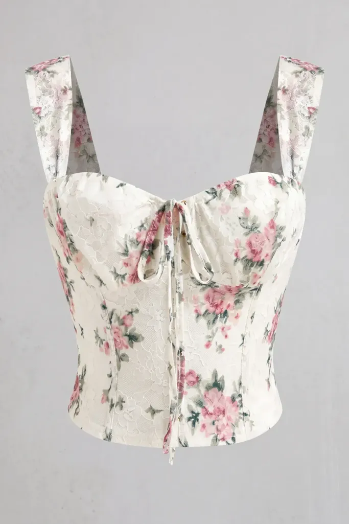 White Floral Sweetheart Neck Top - Image 1