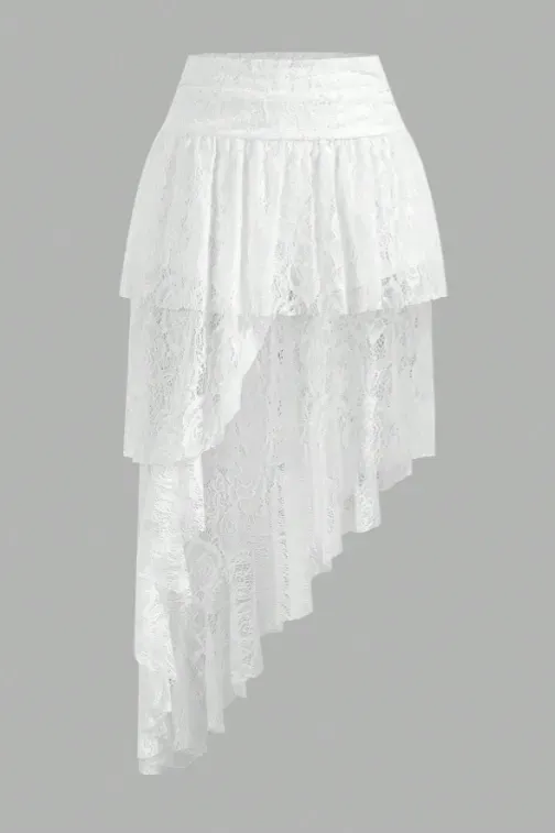 White High Rise Lace Tiered Midi Skirt - Image 1