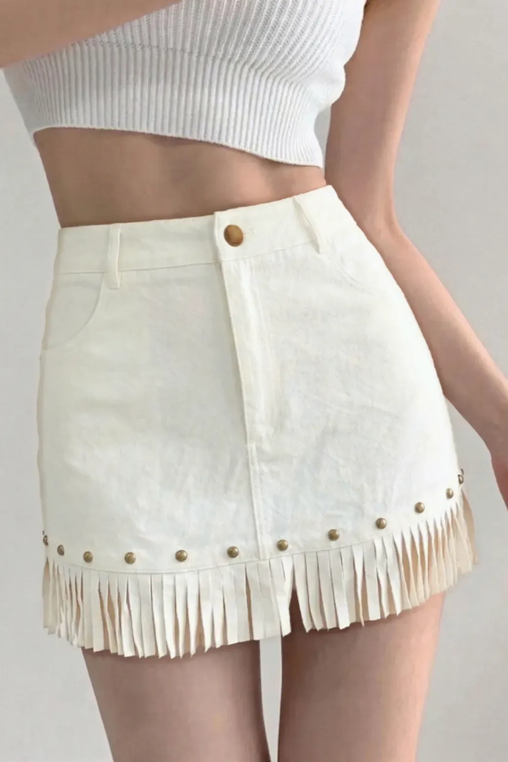 Off White Fringed Studded Mini Skirt
