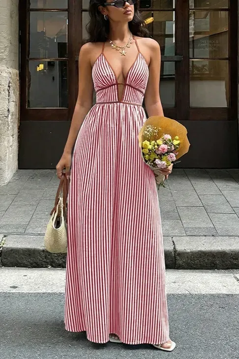 Wine Plunge Neck Striped Maxi Dress - Image 1