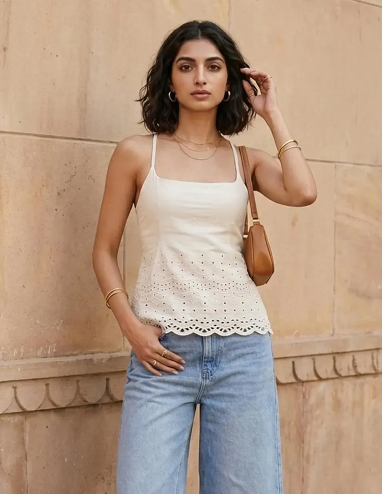 Off White Schiffli Square Neck Top - Image 1