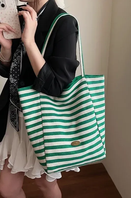 Green Striped Reversible Tote Bag - Image 1