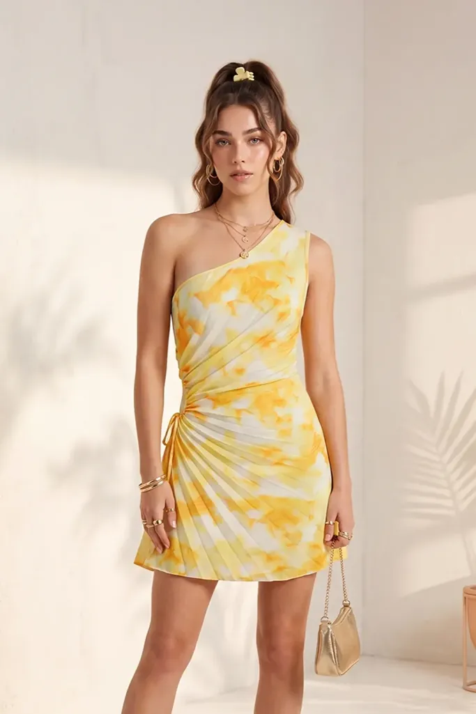 Yellow Abstract One Shoulder Mini Dress - Image 1